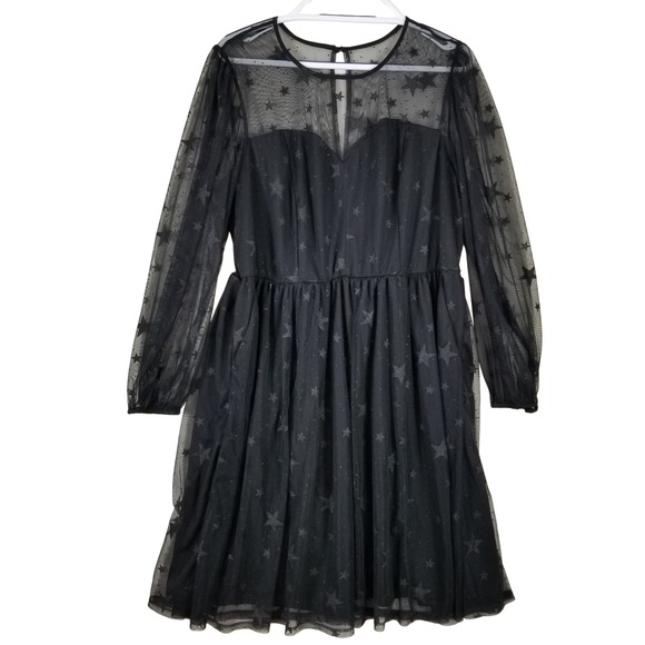 torrid Dresses & Skirts - Torrid Womens 18 Black Mesh Star Print Celestial Glitter Long Sleeve Midi Dress